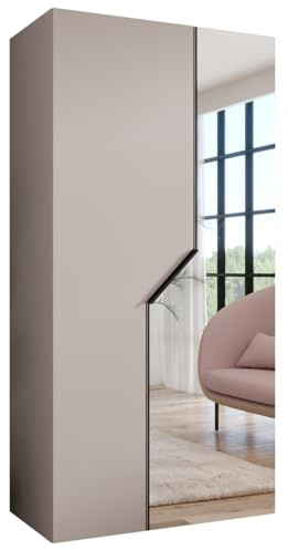 MEBLE KRYSPOL - Kleiderschrank - Garderobenschrank - 100 cm x 202 x 52 cm - Schrank mit Kleiderstange und Spiegel, 2 Türen - für Schlafzimmer, Flur - Andrew, Kaschmir, Griff Schwarz