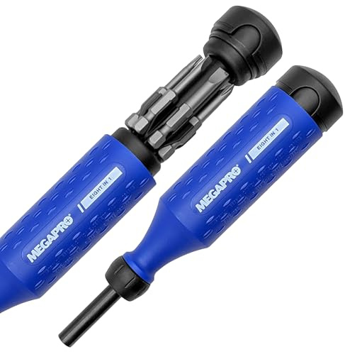 MEGAPRO® 8-in-1 Multi-Bit Screwdriver | Kitchen Drawer Tool | Furniture Assembly | Household Repairs | Multi-Bit Screwdriver with ¼” Hex Shaft | Phillips, Flat, Square, Torx (Blue/Black)