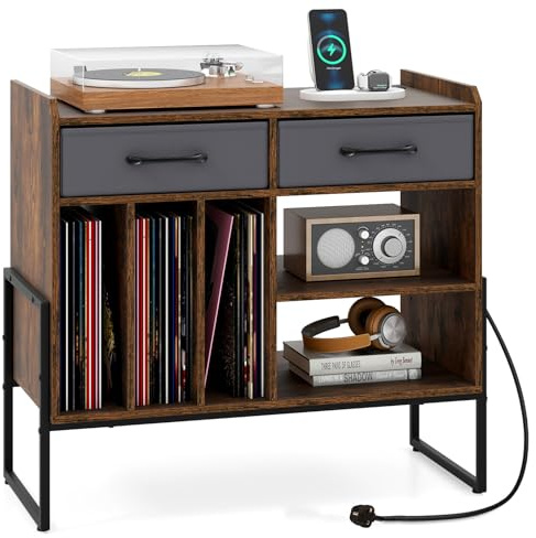 COSTWAY Record Player Stand with Charging Station, Industrial Turntable Stand End Side Table with 2 Drawers & Adjustable Shelf, Albums Vinyl Record Storage Cabinet Holder for Living Room, Rustic Brown