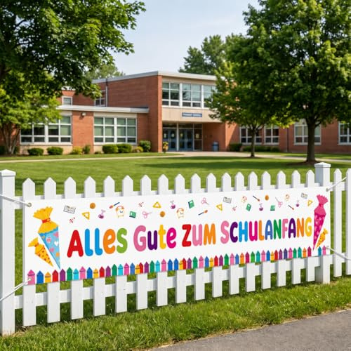 Einschulung Deko, Alles Gute zum Schulanfang Banner Weiß 300x50cm, Deko Einschulung Junge 2026 für Schulkind Schulstart Party Dekoration, Schulkind Deko für Jungen Mädchen im Garten Outdoor