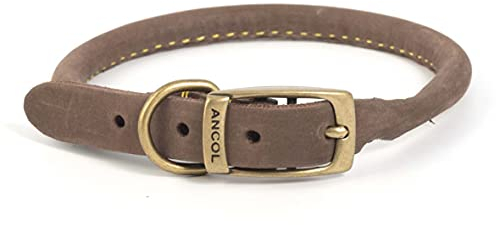 Ancol Timberwolf Bonded Thread Leather Round Dog Collar - Sable - Soft Leather Design with Antique Gold Buckle - Ideal for Long Haired Dogs - 28-36cm Size 3