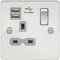 Flat Plate 13A 1G Switched Socket with Dual USB Charger (2.1A) - Polished Chrome with Grey Insert