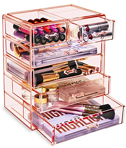 Sorbus Acryl Make-up-Organizer, Aufbewahrungskoffer für Kosmetik, Schmuck, transparent, für Schminktisch, Badezimmer, Studentenwohnheim, Schrank, Schreibtisch (4 große, 2 kleine Schubladen)