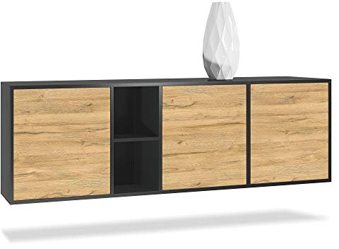 Vladon Kommode Cuba, Made in Germany, Schwarz matt/Eiche Natur - Modernes Sideboard für Ihr Wohnbereich - (BxHxT) 182x53x35 cm