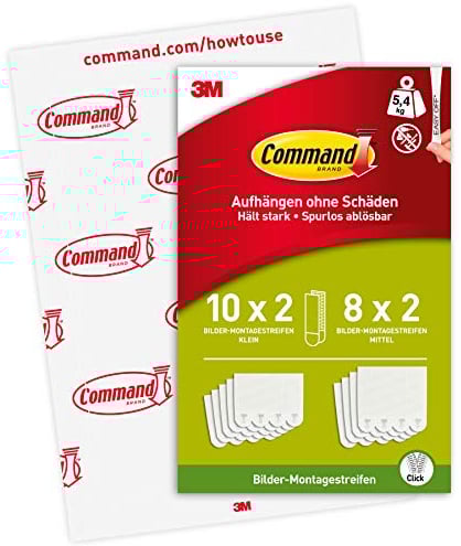 Command Tiras Adhesivas para Colgar Cuadros, 10 Pares de Tiras Pequeñas y 8 Medianas Blancas - Para Marcos, Espejos y Otros Adornos - Colgar sin Agujeros ni Taladrar