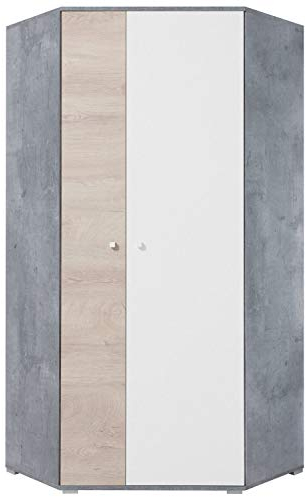 Furniture24 Eckkleiderschrank Sigma SI - 2 Eckschrank mit Einlegeböden und 2 Kleiderstangenm Schrank, Drehtürenschrank, 2 Türiger Jugendzimmerschrank (Beton/Weiß Lux/Eiche)
