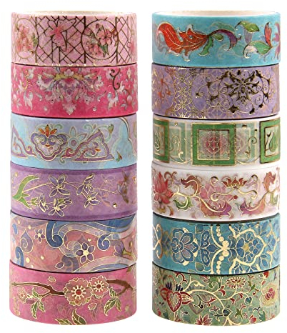 Lychii Washi Tape Set, 12 Rollen Gold Stamping Masking Tapes, Multi-Pattern Dekoratives Klebeband Kollektion für Kunst und Heimwerker, Verschönern Bullet Journals, Planer, Scrapbooking