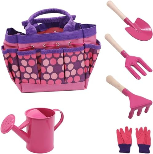 STORMSHOPPING Kids Gardening Tool Set for Toddler, Childrens Garden Tool Set for Girl, Set of Watering Can, Gloves, Trowel, Shovel, Rake, Garden Bag - Pink