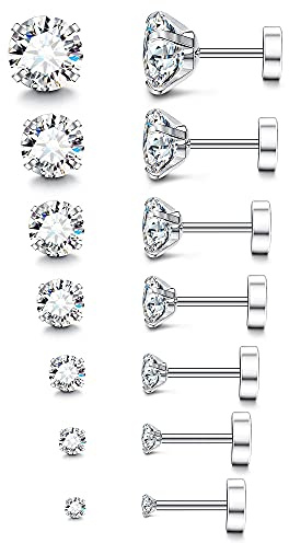 Fansilver 20G Hypoallergenic Flat Back Earrings for Women Men Silver 14K Gold Stainless Steel Stud Earrings Brithstone Cubic Zirconia Studs Surgical Steel Cartilage Earrings for Sensitive Ears