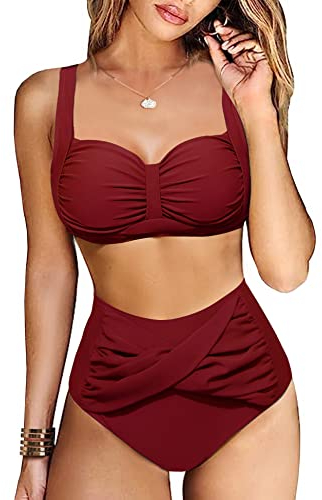 Vancavoo Bikini Damen Set High Waist Zweiteiliger Badeanzug Push Up Rüschen Einstellbar Bikinioberteil Bikini-Sets Bademode Curvy Swimsuit Beachwear,Wein Rot,L