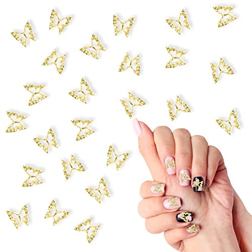 100pcs 3D Butterfly Nail Charms, Alloy Butterfly Nail Charms Hollow 3D Butterfly for Nails Decoration Supplies DIY Manicure Design Women Girls (Gold)