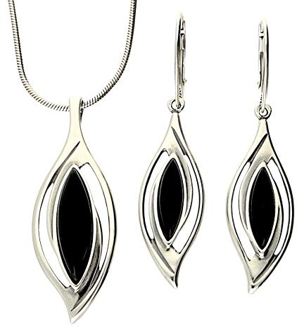 Generisch Echtes 925 Silber SCHMUCKSET mit Onyx, schwarz, ANHÄNGER + OHRHÄNGER inkl. Silberkette 50 cm