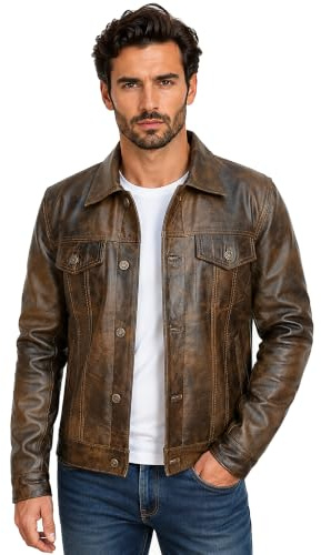 Mens Real Leather Trucker Jacket for Men - Shirt Collar Western Cowboy Fashion Leather Jacket