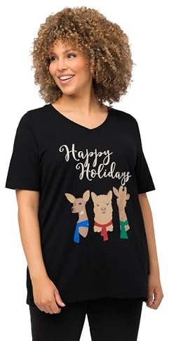 Ulla Popken Damen, V-Neck, Christmas Tiere T-Shirts, schwarz, 54-56