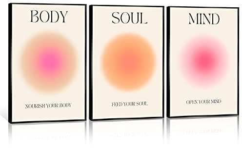 YNTIME Black Aluminum Framed Art Positive Aura Aesthetic Posters 3 Piece Colorful Aura Gradient Canvas Wall Art Spiritual Soul Body Mind Quote Print Painting Danish Pastel Wall Decor for Yoga 12x16in