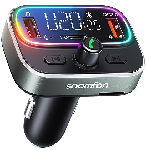 FM Bluetooth Transmitter Car - SOOMFON Enhanced Dual Mic V5.3 Bluetooth Car Adapter PD30W QC18W Car Charger 9 Color Lights, Bass Boost Car Mp3 Player with Bluetooth Support HD Calling U Disk/SD Card