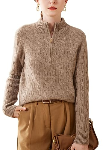 DISSA Women's Mock Neck Long‑Sleeve Knit Cashmere Wool Jumper,Brown,10