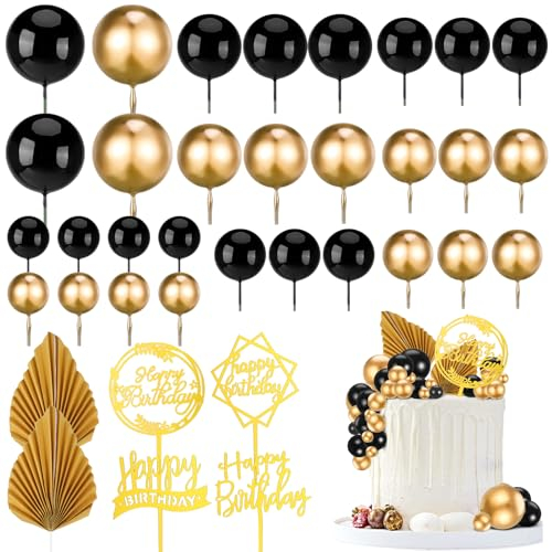 FRIUSATE 36 PCS Black and Gold Cake Balls Palm Leaves Toppers Black and Gold Cake Decorations For Happy Birthday Wedding Anniversary Party Supplies