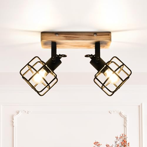 Lightoons LED Deckenstrahler Holz, 2 flammige Deckenlampe in Schwarz, 350° schwenkbar, E14 MAX. 50W, LED Wandstrahler für Wohnzimmer, Schlafzimmer und Küche (Leuchtmittel nicht enthalten)
