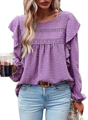 MYCOLORBLUE Blusen Tuniken für Damen Elegant Rüschenärmel Swiss Dot Spitzenbesatz Vorne Falten Streetwear Rundhals Hemdbluse Lila M