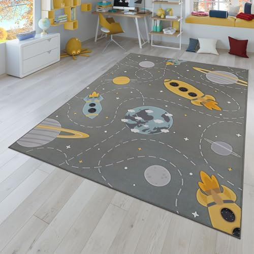 TT Home Kinderteppich Babyzimmer Teppich Kinderzimmer rutschfest Tiere Weltkarte Autos, Farbe:Grau Blau Gelb, Größe:80x150 cm