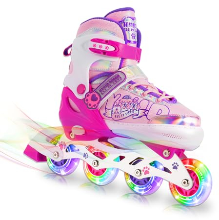 Rollschuhe Kinder für Mädchen, Verstellbare 4 Größen Inline Rollschuhe Quad mit Leuchtenden Rädern für Kinder Mädchen(L)
