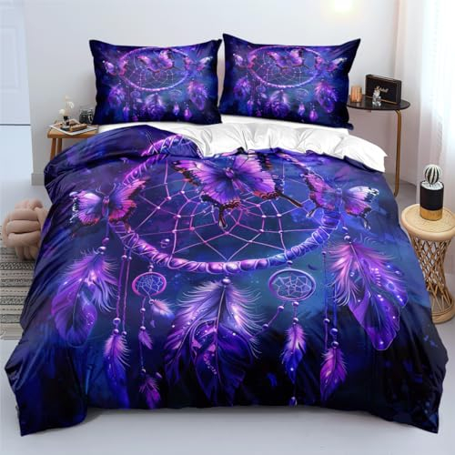YUTNSAN Bettwäsche 135x200cm Traumfänger Schmetterling Lila Blau Feder Muster 2 Teilig Mädchen Kinderbettwäsche Set Mikrofaser Exotisch Boho Stil Bettbezug und Kissenbezug 80x80cm