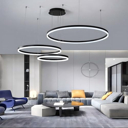 WayLuoung Metall LED Kronleuchter | 3 Kreise 60+80+100cm | 108W Rings Deckenhängelampe, Dimmbare Fernbedienung 3000–6000K, Acryl Schirm Pendelleuchte, Wohnzimmer Schlafzimmer Foyer Esszimmer【Schwarz】