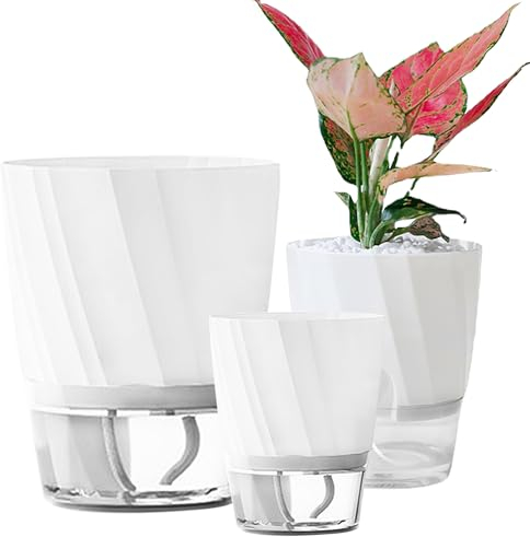 ROLMZJX Lot de 3 Pots à Herbes aromatiques pour la Cuisine, 20/15/12cm Pots à Fleurs/Plantes en Plastique,avec Auto-arrosage et réservoir d'eau,pour Cuisine, Balcon,Chambre à Coucher-Blanc