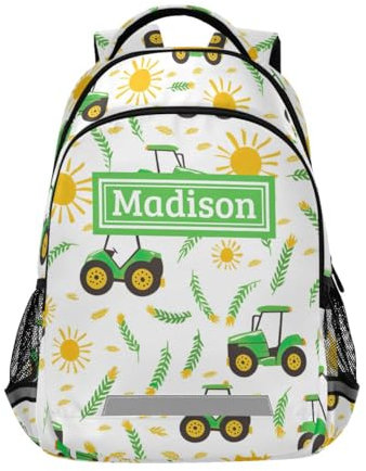 CHIFIGNO Personalisierter Rucksack mit Namen, personalisierter Kinderrucksack für Mädchen und Jungen, individuelle Schulrucksäcke, lässige Tagesrucksäcke, Grüner Traktor mit Sonne und Weizen, Medium