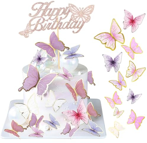 40 Butterfly Cake Decorations And 1 Rose Gold Happy Birthday Cake Topper, 3D Butterfly Cake Toppers Pink Purple Blue White Butterfly Decorations for Wedding Cake Birthday Cake Girl Women
