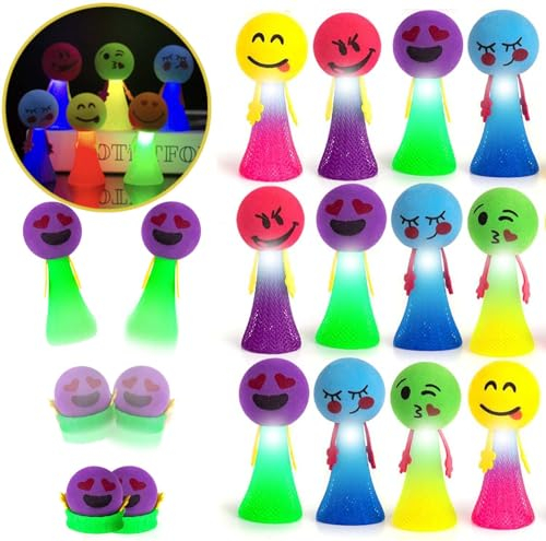 12 Stück LED Feder Leucht Springendes Spielzeug,Jumping Spielzeug,Spring Launchers Toys,Springbälle Hüpfball,LED Leuchtspielzeug Kinder,Kindergeburtstag Mitgebsel Set,Emoticons Puppen für Kinder