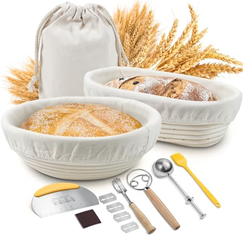 Sopito Sourdough Starter Kit, 9 Round & 10 Oval Banneton Proofing Basket Set with Bread Lame, Dough Whisk, Cloth Liners & Storage Bag, Bakery-Grade Sourdough Prooving Basket