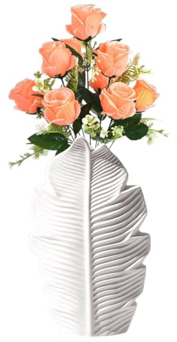 Weiße Blumenvase Porzellan, Keramik Vase Gross, Zimmer Deko Aesthetic Vasen, Palmblatt-Form Matte Ahornblatt-Knospenvase für Pampasgras Aesthetic Neutral Boho Blumenarrangement dekorative Vase (L)