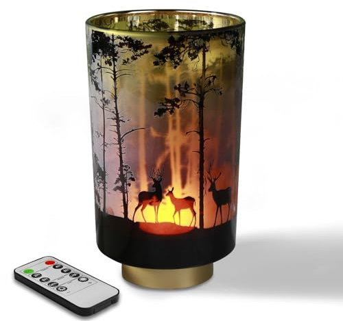 Eywamage Groß Safari-Wald-Batterietischlampe, kabellose Glas-Nachttischlampe mit Fernbedienung und Timer, dekorative Lichter