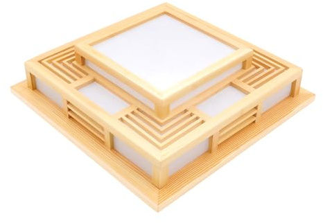 HOARLICN Japanische Deckenleuchte, LED Holz Deckenlampe Dimmbare Deckenleuchte Holz Tatami Lampe PVC-Schaffellimitat Lampenschirm Mit Fernbedienung Schlafzimmer Pendelleuchte