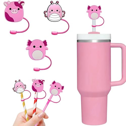 3 Stück Strohhalm Abdeckung für Stanley Cup Zubehör, 10mm Staubdichte Silikon Strohhalm Accessories, Wiederverwendbare Strohhalme Abdeckung für Stanley 40oz / 1200ml Tumbler Zubehör (Cartoon2)