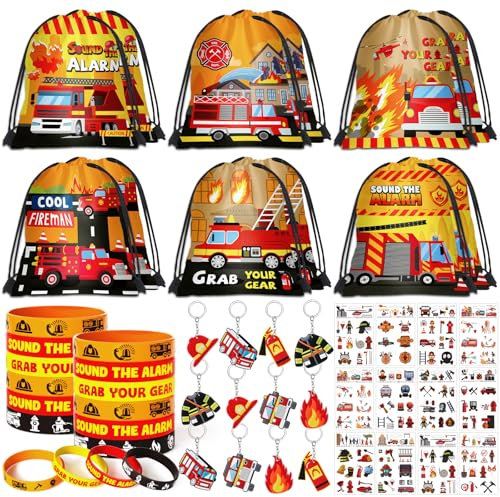 vamei 48Stk Feuerwehrmann Mitgebsel Kindergeburtstag Gastgeschenke mit Kordelzug Turnbeutel Kinder Schlüsselanhänger Silikonarmband Tattoos Geschenktüten Partytüten Give Aways für Junge