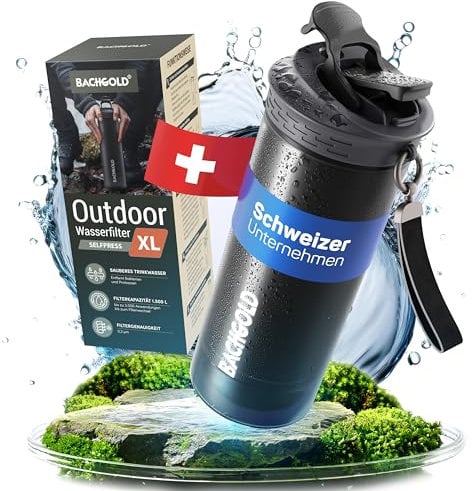 Bachgold® Profi Outdoor Wasserfilter Flasche mit 1500L Filterkapazität I entfernt 99,99% aller Bakterien und filtert Viren, Partikel und Schwermetalle (Schwarz XL, 800 ml)