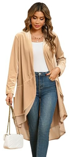 R.Vivimos Autumn Winter Women Velvet Ruffle Coat Casual Vintage Long Jacket Collarless Classic Swallowtail Hem Blazer(Large,Champagne)