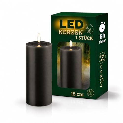 Novaliv Große LED Stumpenkerze mit Timer grau 7,5cm ø 15cm Höhe - 2 AA Batterien nötig LED Echtwachskerze mit Flackereffekt flammenlose Stumpenkerze - LED Kerze groß Weihnachtsbeleuchtung