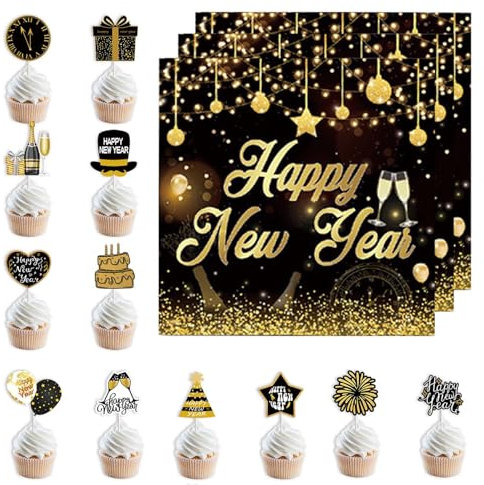32 Stück Silvester Deko 2025 Set, 12 Stück Silvester Tortendeko 20 Stück Servietten Silvester Happy New Year Cupcake Toppers Kuchen Cake Toppers Für Neujahr Party Dekor Silvester Tischdeko 2025