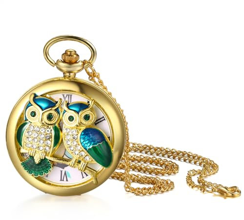 Avaner Taschenuhr mit Kette Eule: Automatische Mechanische Taschenuhr mit Taillenkette römischer Skala Goldene Taschenuhr Analog Quarzuhr Geschenk für Männer Frauen