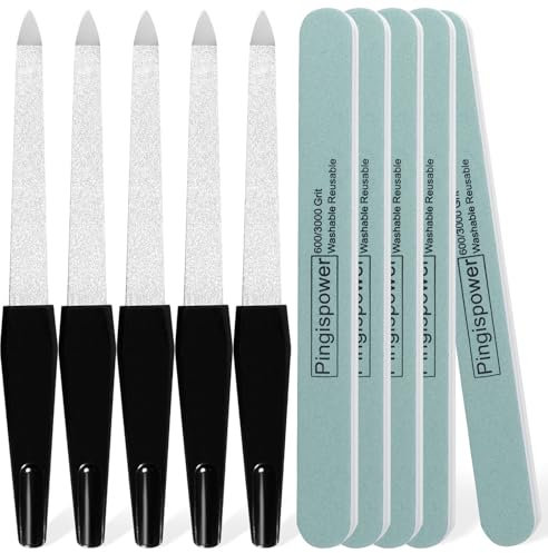 Pingispower Kit per la cura delle unghie, 5 lime in metallo e 5 tamponi coreani (grana 600/3000), riutilizzabile e lavabile a mano, strumenti per unghie resistenti alla piegatura, per salone/casa, set