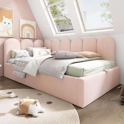 Gelukueub Upholstered Daybed Bed with Storage, Ottoman Bed 3FT Single Sofa Bed 90X190cm, Daybed With Hydraulic Storage Bed Frame, With Metal Slatted Frame, Velvet, Pink (No Mattress)