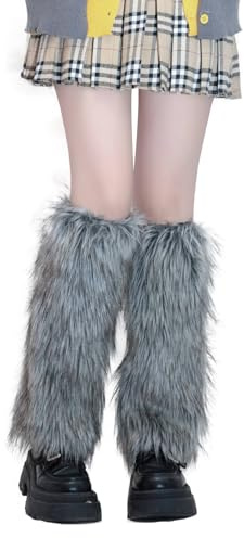 EQLEF Faux Fourrure Chauffe-Jambes pour les Femmes, Chauffe-Jambes D'hiver Mousseux Avec Doublure Y2k Fourrure Couvre-Bottes pour la Chaleur et la Mode D'hiver Essentiels (Gris, 40CM)