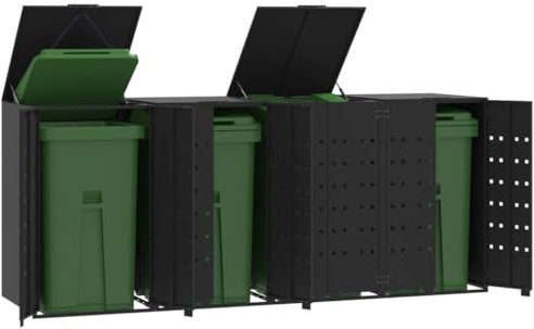 Outdoor Steel Wheelie Bin Storage Shed for 4 Bins Black 276x79x117 cm Weatherproof and Secure