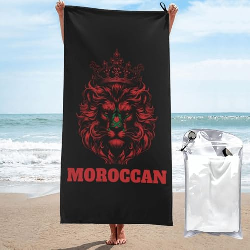 KWQDOZF Serviette de Plage Lion Maroc Drapeau Marocain pour Hommes Femmes Super Absorbante Légère Piscine Yoga Doux Portable Imprimés Élégants