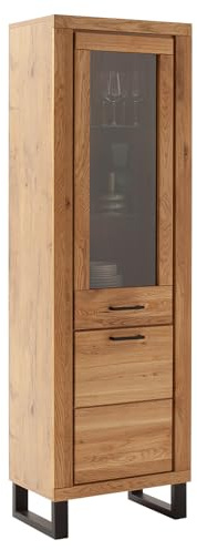 Lomadox Wohnzimmer Vitrine Vitrinenschrank mit 63 cm Breite in Eiche teilmassiv, 1 Glastür & 1 Holztür, Türanschlag Links, Echtholz/Massivholz-Fronten, geölt