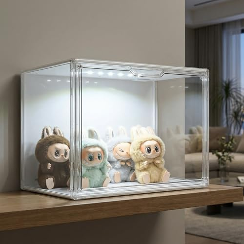 GUDEMAY Clear Stackable Plastic Storage Bins with Magnetic Lid (Transparent, Transparent with light-L-1 Pack)